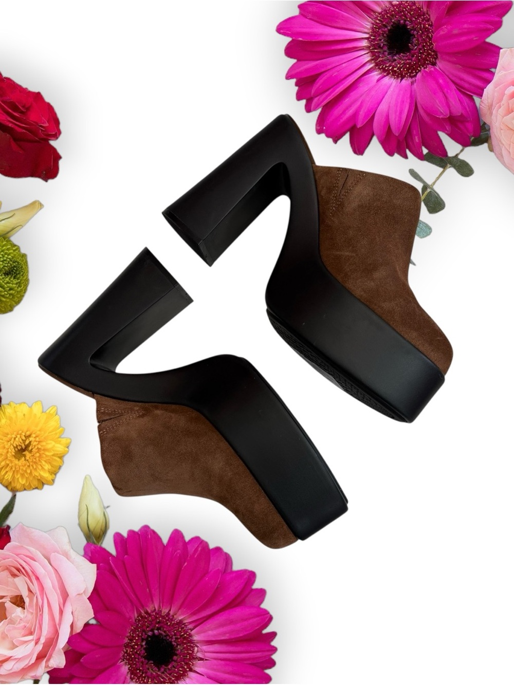 Gianni Bini Brown Suede Platform Mules with Black Sculpted Heel